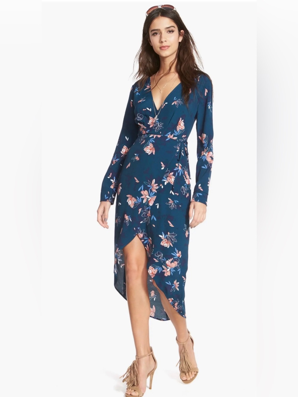 Nordstrom, by Astr, teal floral faux wrap dress size medium.